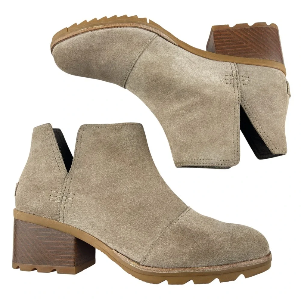 Sorel Women's Cate Ankle Booties 9.5 Taupe Suede Block Heel Cut-Out Boots Boho